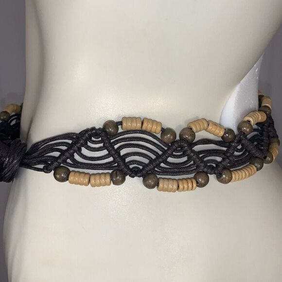 Vintage 00s y2k Woven Macramé Boho Brown Faux Leather Tie Rope Belt with Wooden - Picture 8 of 11